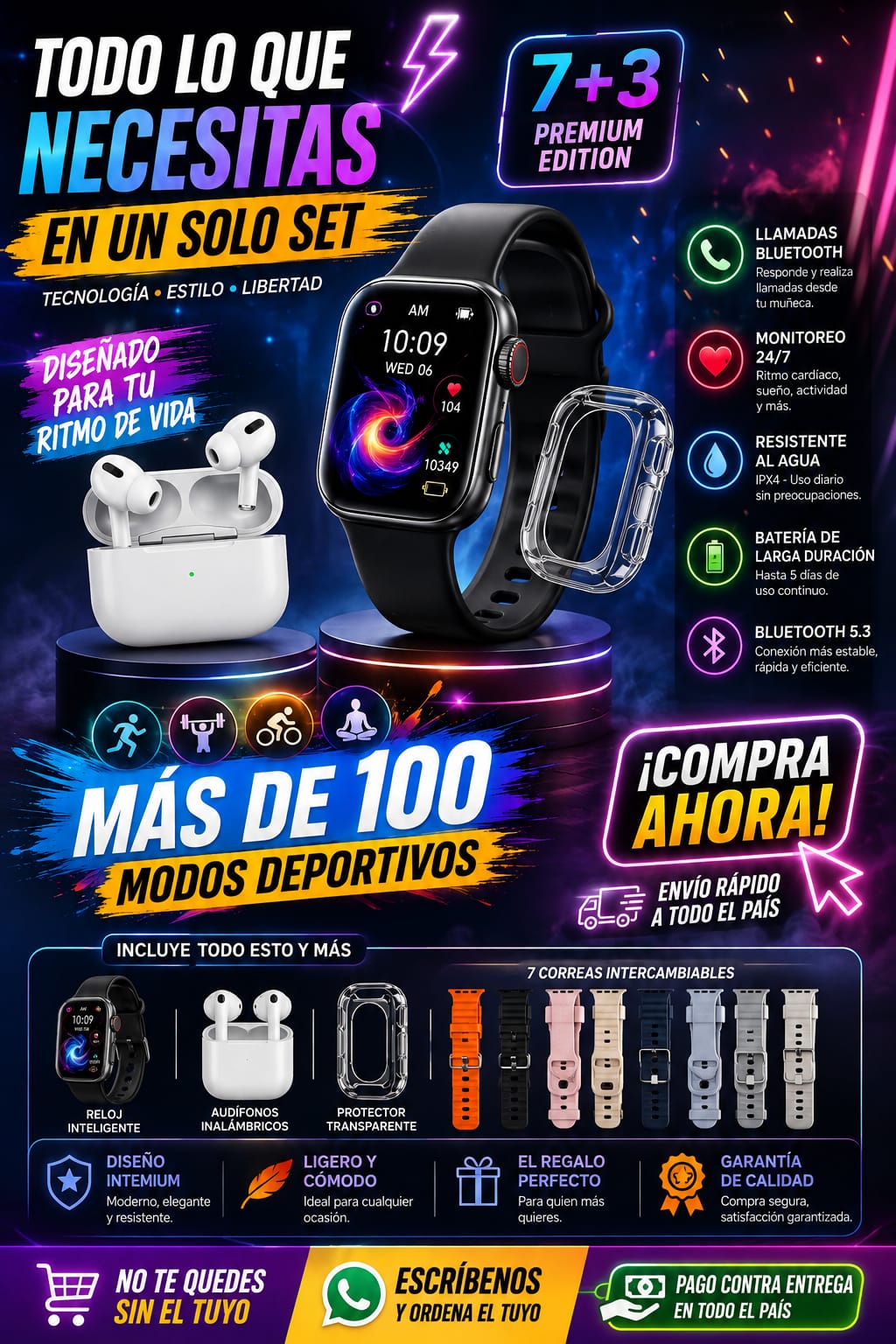 Combo Smartwatch Deportivo Táctico 7+3 con Audífonos Inalámbricos y Correas Intercambiables (Set Multifuncional)