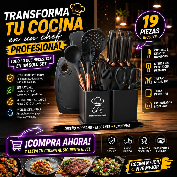Juego de Utensilios y Cuchillos de Cocina Multifuncional 19 Piezas (Set Completo de Cocina Gourmet)